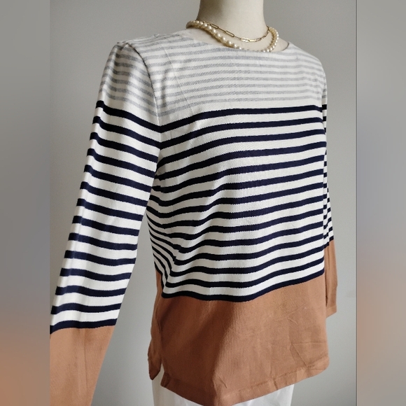 Talbots Cotton Breton Stripe Top Navy Cream Camel Classic Nautical Size M Petite - Picture 6 of 14